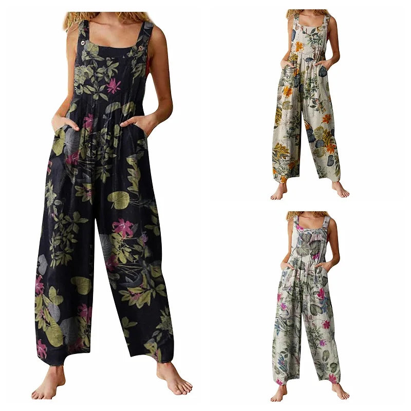 Floral Print Cotton-Linen Romper for Women – Square Neck, Pockets & Loose Fit