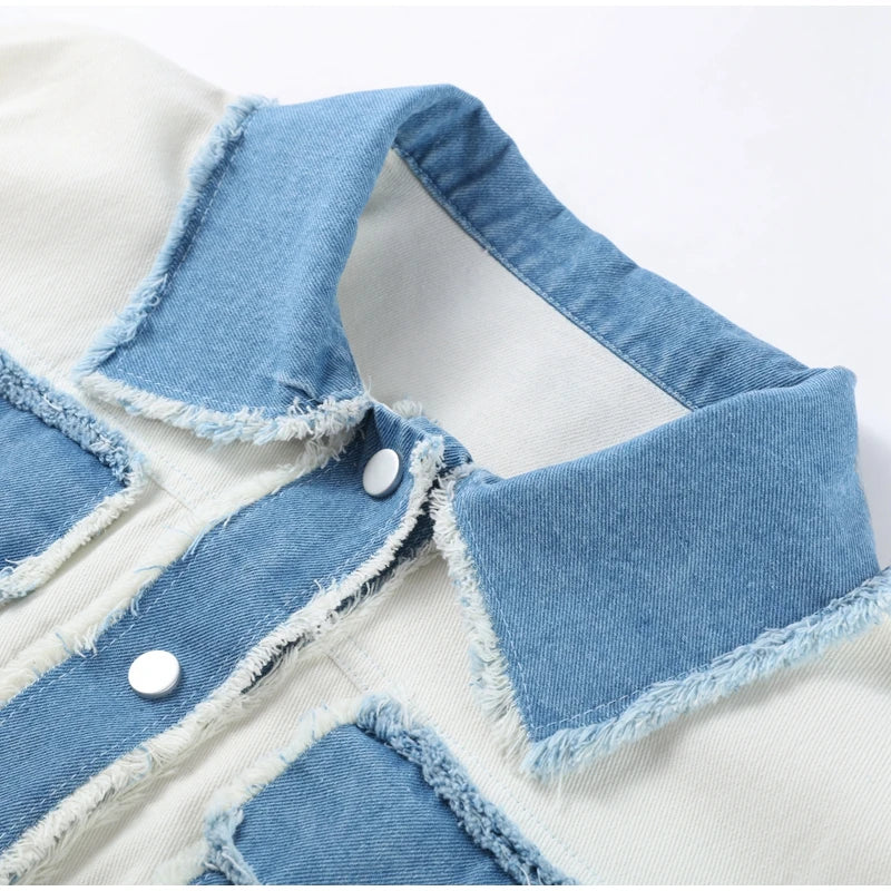 Denim Patchwork Jacket - Lightweight Single-Breasted Solid Colour