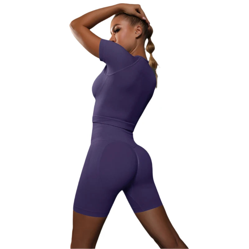 Sporty Two-Piece Set for Women – Slim Fit Short Sleeve Top & Elastic Waist Shorts