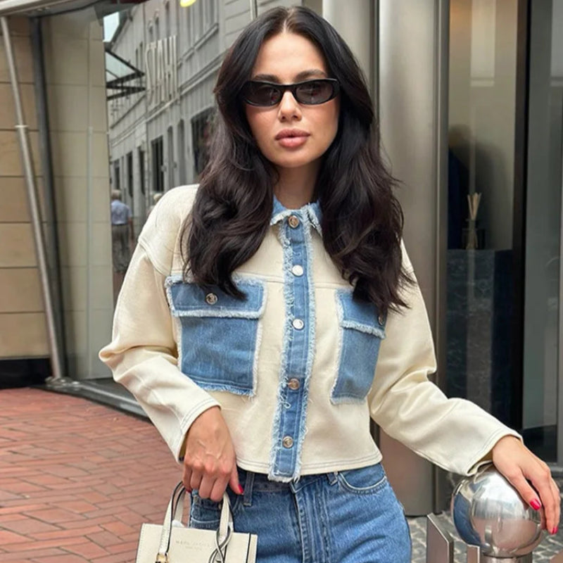Denim Patchwork Jacket - Lightweight Single-Breasted Solid Colour