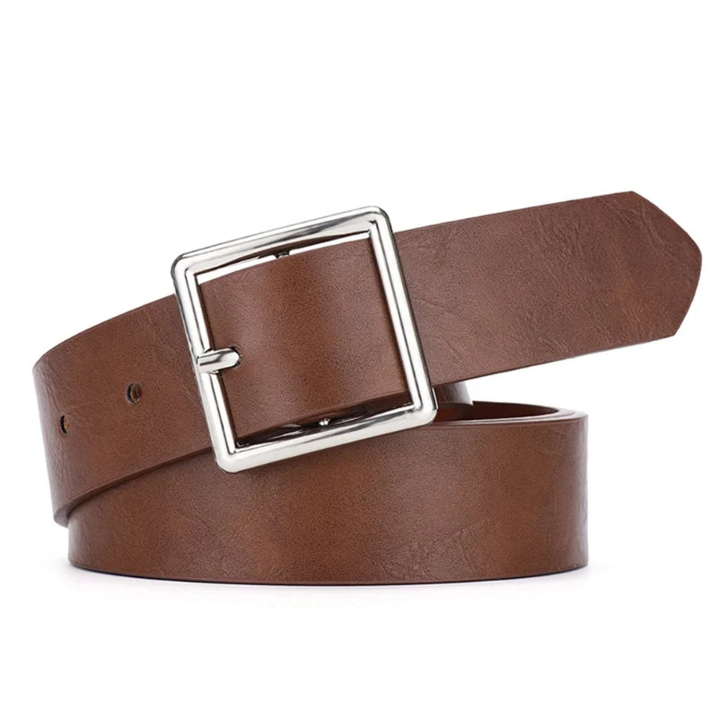 Women's Soft Faux Leather Belt – Vintage Square & Pin Buckle Design