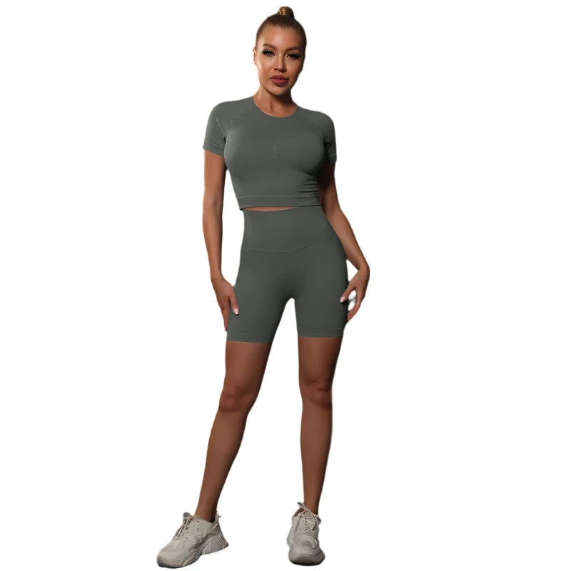 Sporty Two-Piece Set for Women – Slim Fit Short Sleeve Top & Elastic Waist Shorts