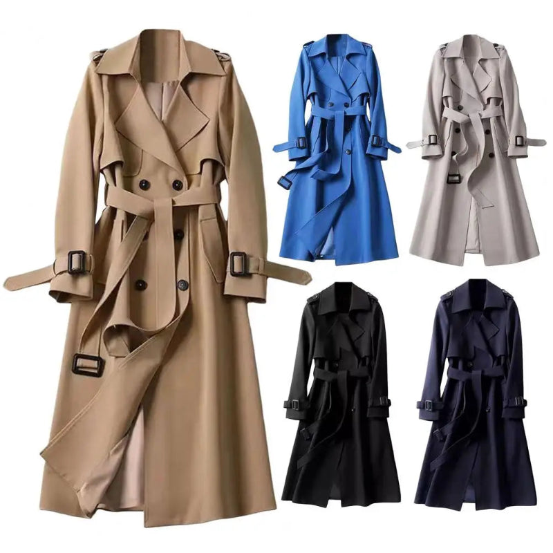 Women’s Double-Breasted Mid-Length Trench Coat – Elegant Belted Windbreaker in Classic England Style