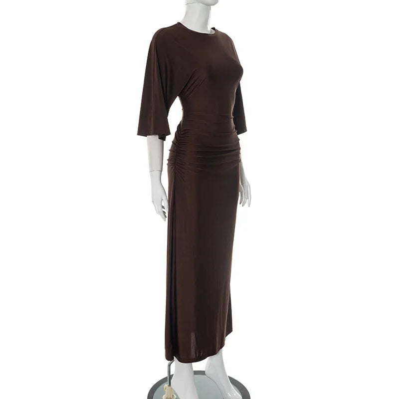 Sleek Round Neck Pleated Split Evening Dress