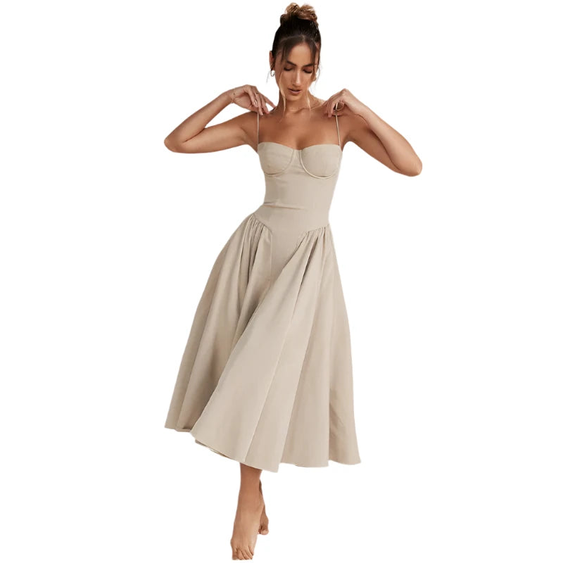 Spaghetti Strap Pleated Corset Midi Dress with Pockets
