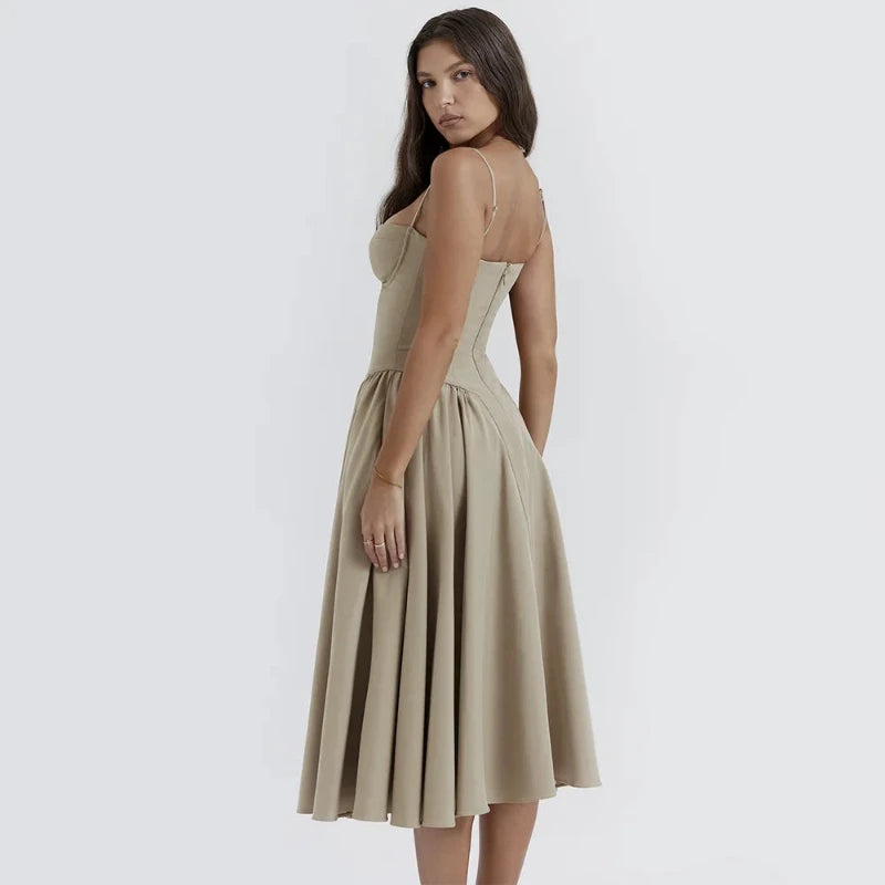 Spaghetti Strap Pleated Corset Midi Dress with Pockets