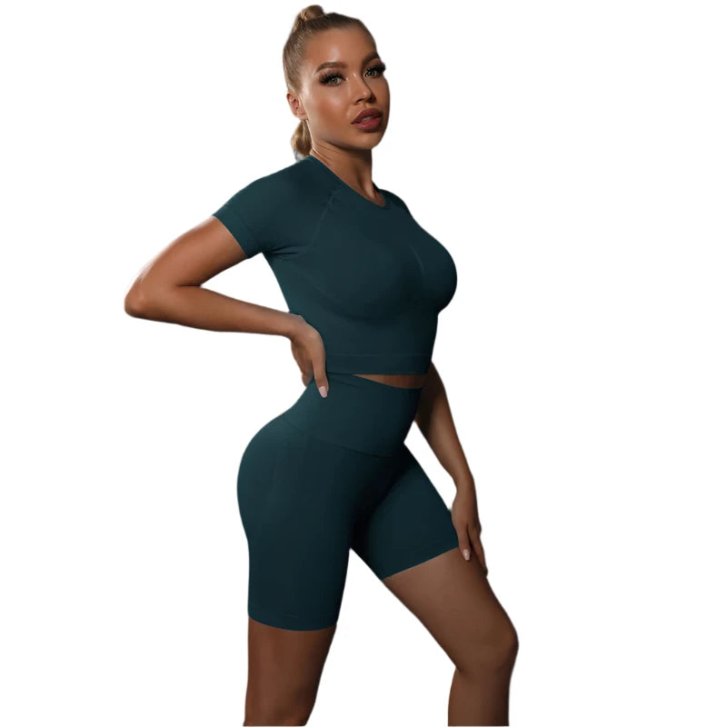 Sporty Two-Piece Set for Women – Slim Fit Short Sleeve Top & Elastic Waist Shorts