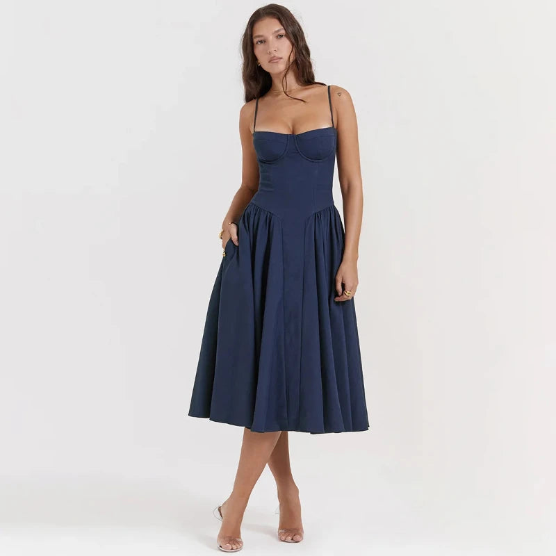 Spaghetti Strap Pleated Corset Midi Dress with Pockets