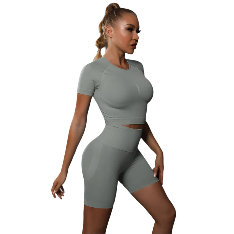 Sporty Two-Piece Set for Women – Slim Fit Short Sleeve Top & Elastic Waist Shorts
