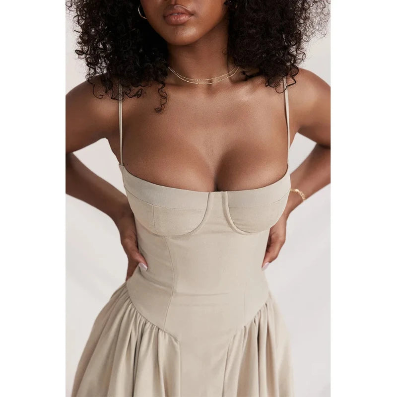 Spaghetti Strap Pleated Corset Midi Dress with Pockets