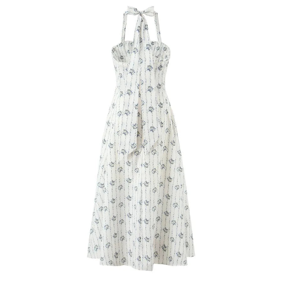 Halter Neck Backless A-Line Mid-Calf Dress
