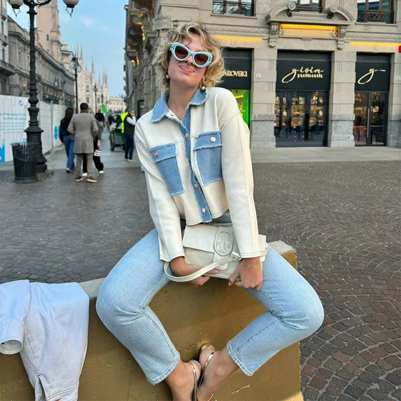 Denim Patchwork Jacket - Lightweight Single-Breasted Solid Colour