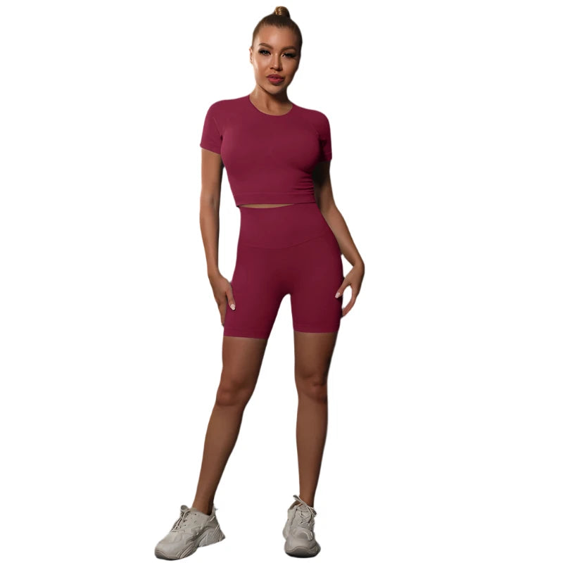 Sporty Two-Piece Set for Women – Slim Fit Short Sleeve Top & Elastic Waist Shorts
