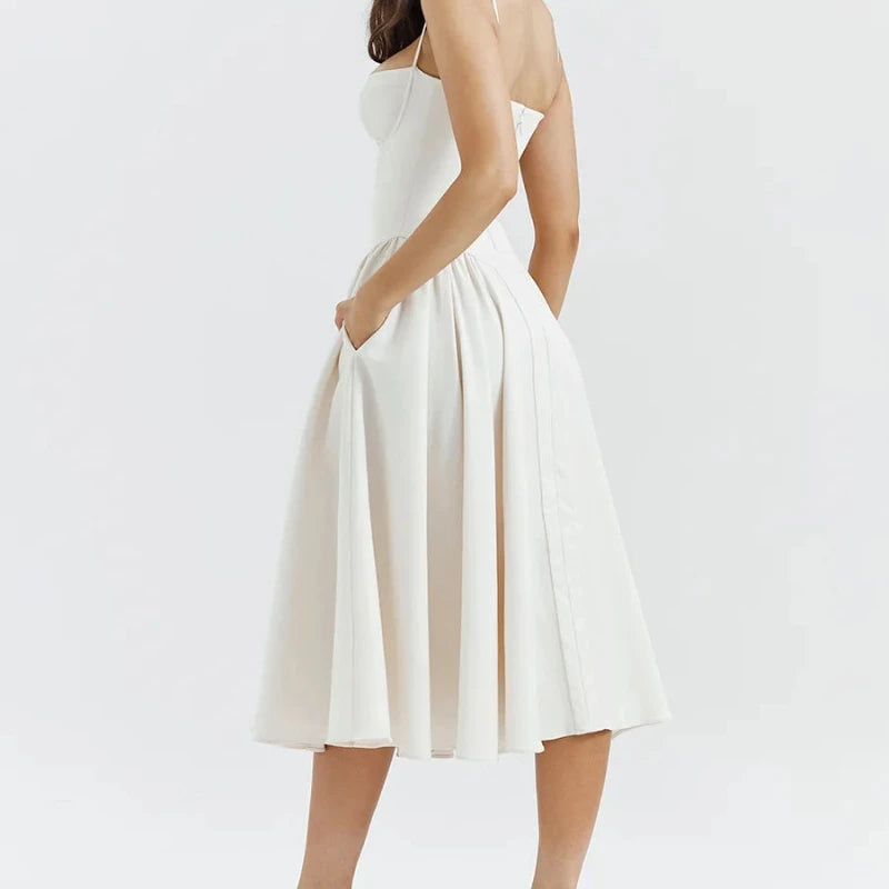 Spaghetti Strap Pleated Corset Midi Dress with Pockets