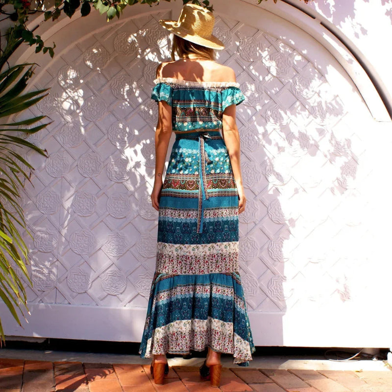 Boho Floral 2-Piece Skirt Set – Summer Crop Top & Maxi Skirt Outfit