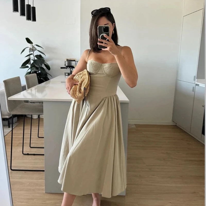 Spaghetti Strap Pleated Corset Midi Dress with Pockets