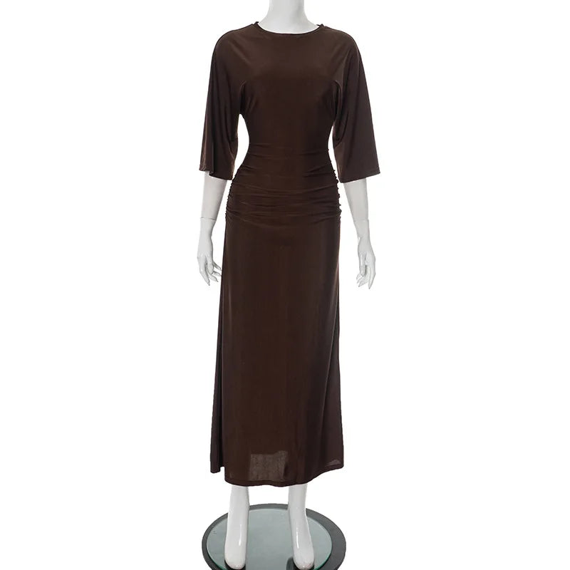 Sleek Round Neck Pleated Split Evening Dress