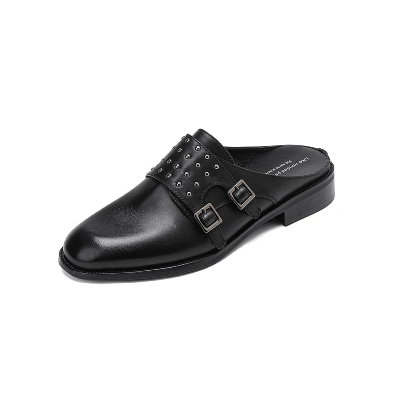 Genuine Leather Buckle Mules with Low Square Heel