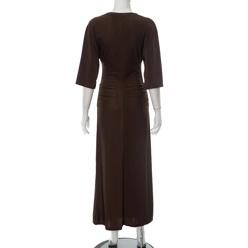 Sleek Round Neck Pleated Split Evening Dress