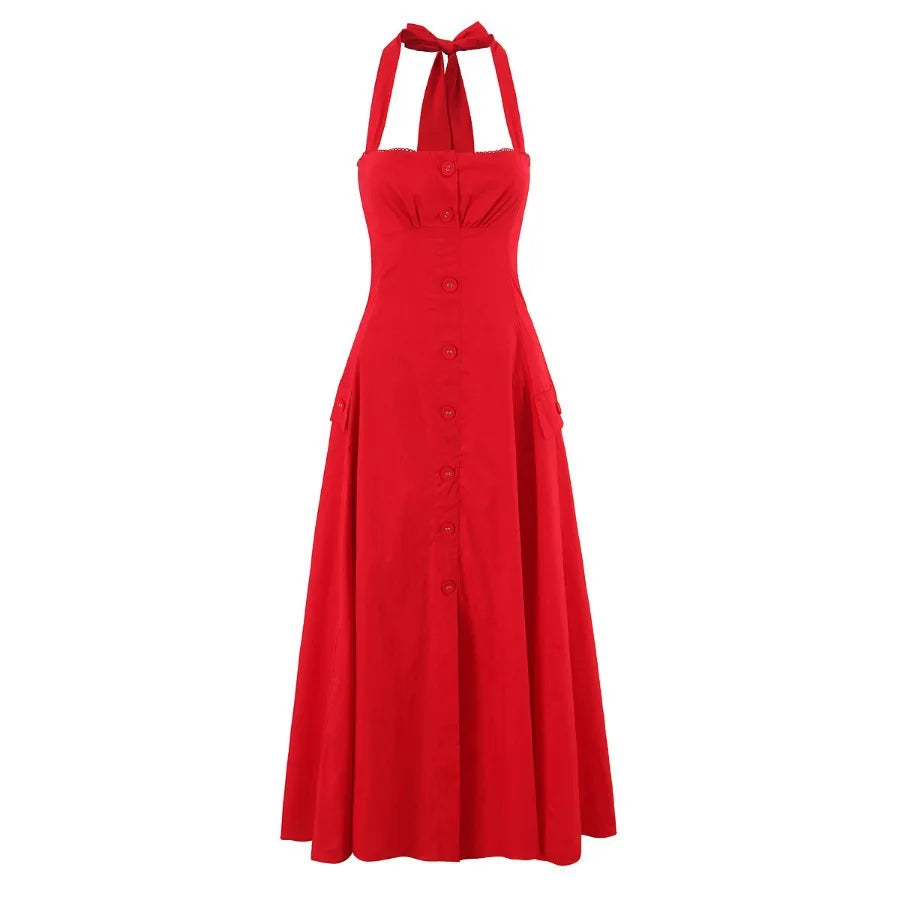 Halter Neck Backless A-Line Mid-Calf Dress