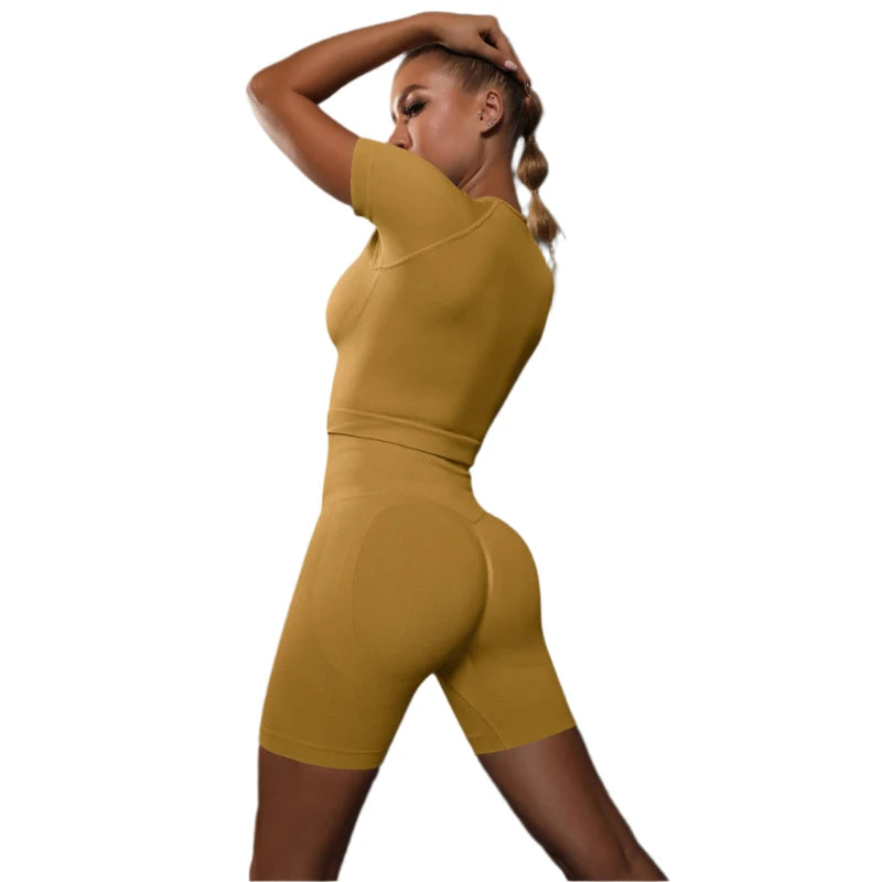 Sporty Two-Piece Set for Women – Slim Fit Short Sleeve Top & Elastic Waist Shorts