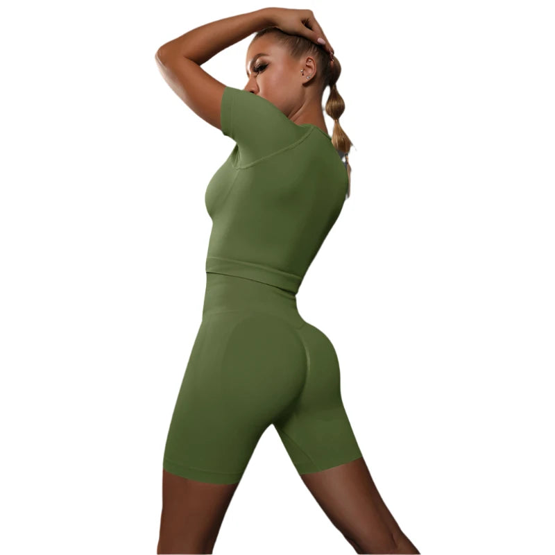 Sporty Two-Piece Set for Women – Slim Fit Short Sleeve Top & Elastic Waist Shorts