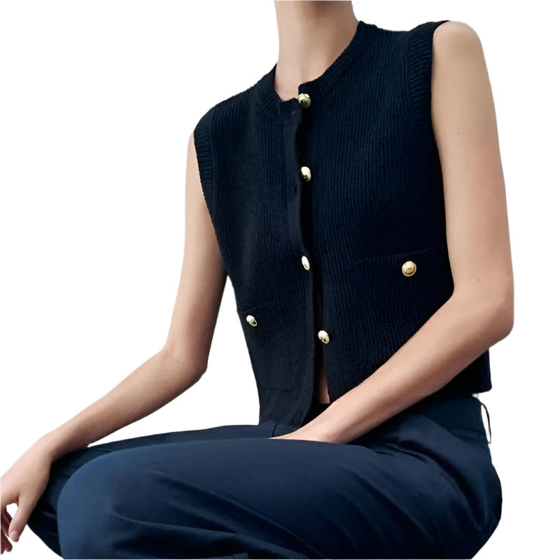 Women's Knitted Vest – Solid Colour Button-Front Sleeveless Outerwear