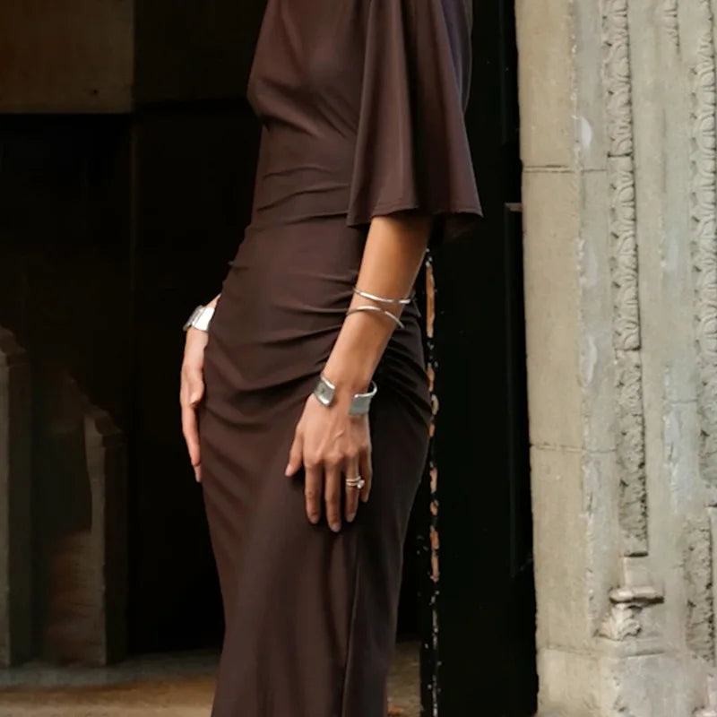 Sleek Round Neck Pleated Split Evening Dress