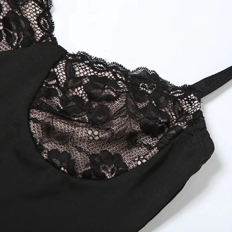 Sleek Spaghetti Strap Lace Dress – Minimalist Elegance with a Sultry Twist