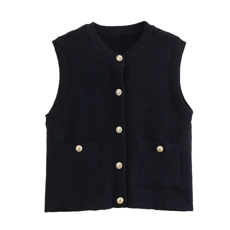 Women's Knitted Vest – Solid Colour Button-Front Sleeveless Outerwear