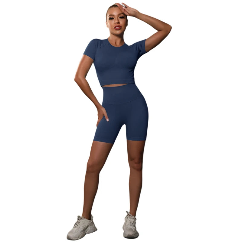 Sporty Two-Piece Set for Women – Slim Fit Short Sleeve Top & Elastic Waist Shorts