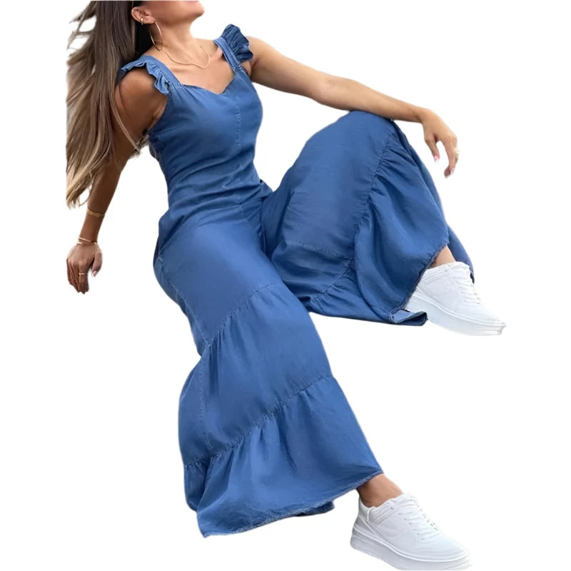 Tat Weave Ruffle Jumpsuit – High-Waist Full-Length One-Piece for All Seasons