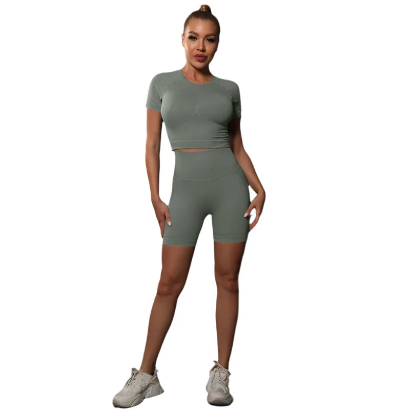Sporty Two-Piece Set for Women – Slim Fit Short Sleeve Top & Elastic Waist Shorts