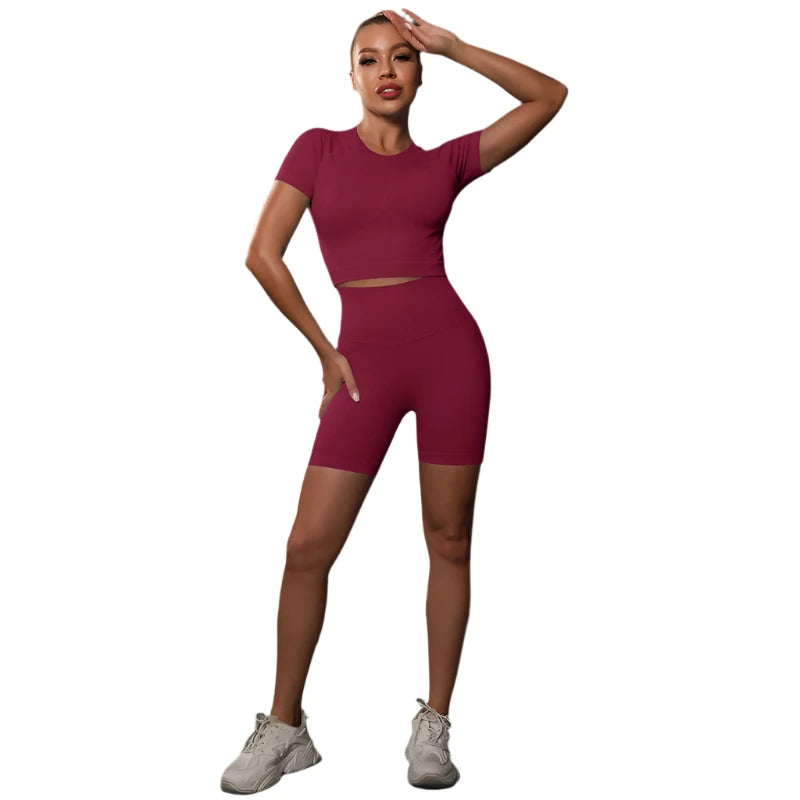 Sporty Two-Piece Set for Women – Slim Fit Short Sleeve Top & Elastic Waist Shorts