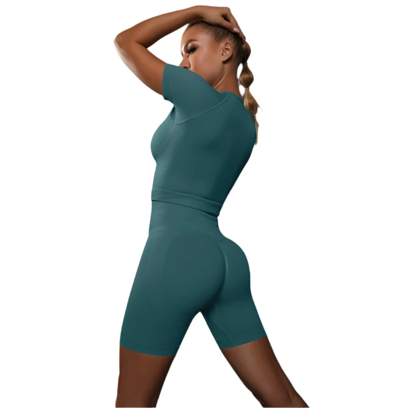 Sporty Two-Piece Set for Women – Slim Fit Short Sleeve Top & Elastic Waist Shorts