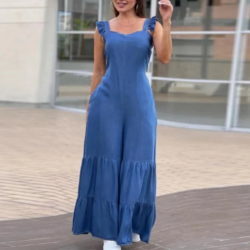 Tat Weave Ruffle Jumpsuit – High-Waist Full-Length One-Piece for All Seasons