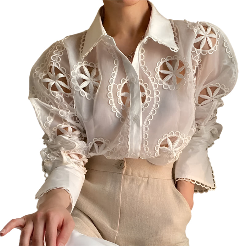 Elegant Lace Blouse – Turn-Down Collar & Full Sleeve Spring Top