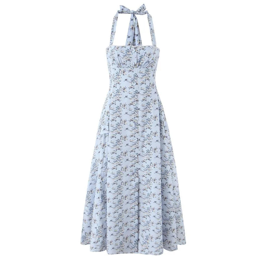 Halter Neck Backless A-Line Mid-Calf Dress