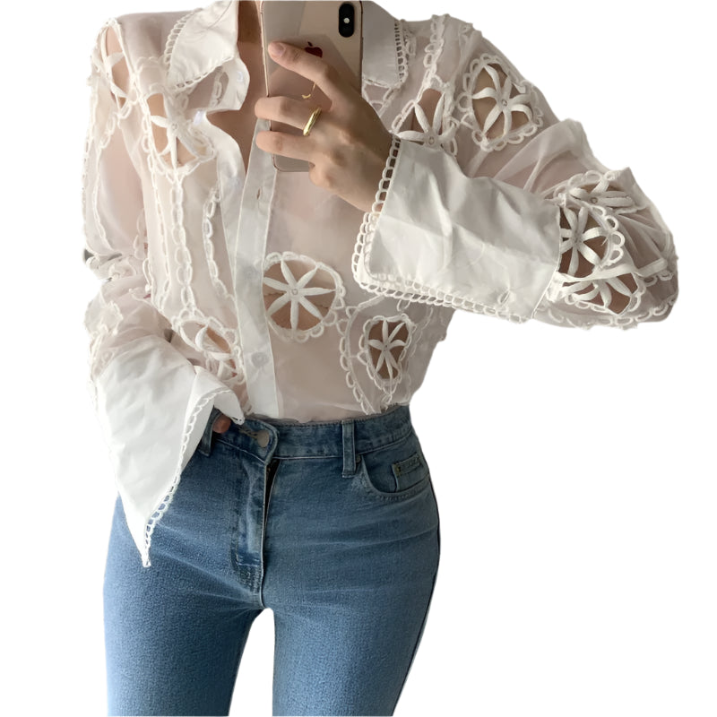 Elegant Lace Blouse – Turn-Down Collar & Full Sleeve Spring Top