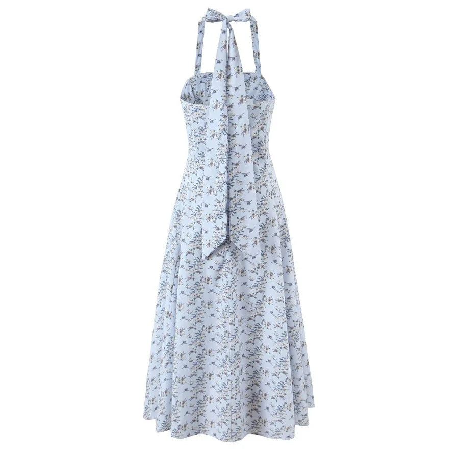 Halter Neck Backless A-Line Mid-Calf Dress