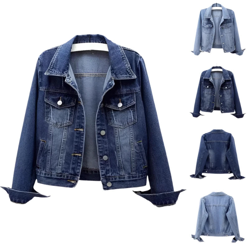 Retro Denim Jacket – Single-Breasted, Square Collar, Lantern Sleeve