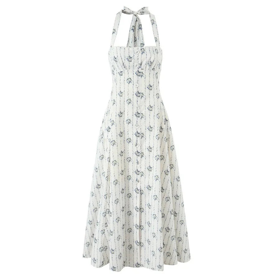 Halter Neck Backless A-Line Mid-Calf Dress