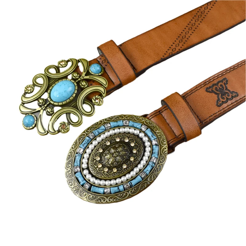 Women's Vintage Belt with Stone Buckles