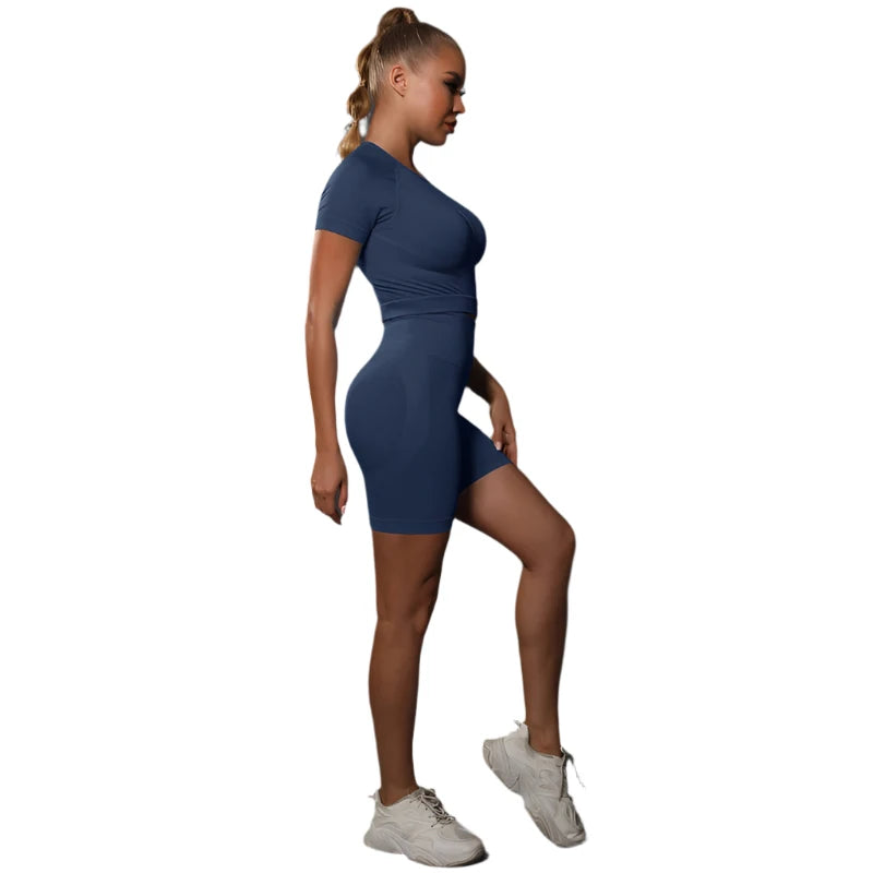 Sporty Two-Piece Set for Women – Slim Fit Short Sleeve Top & Elastic Waist Shorts
