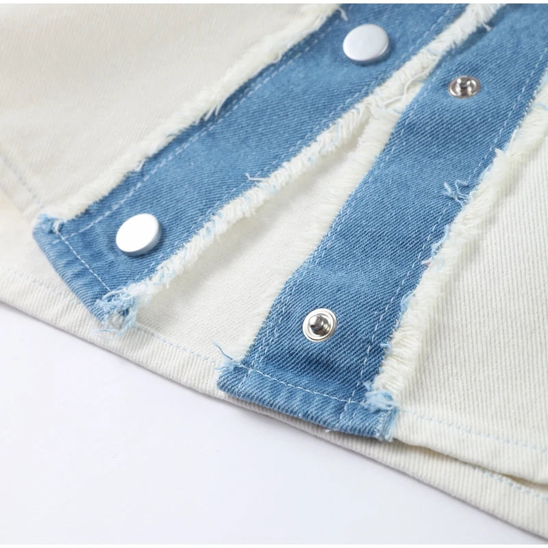 Denim Patchwork Jacket - Lightweight Single-Breasted Solid Colour