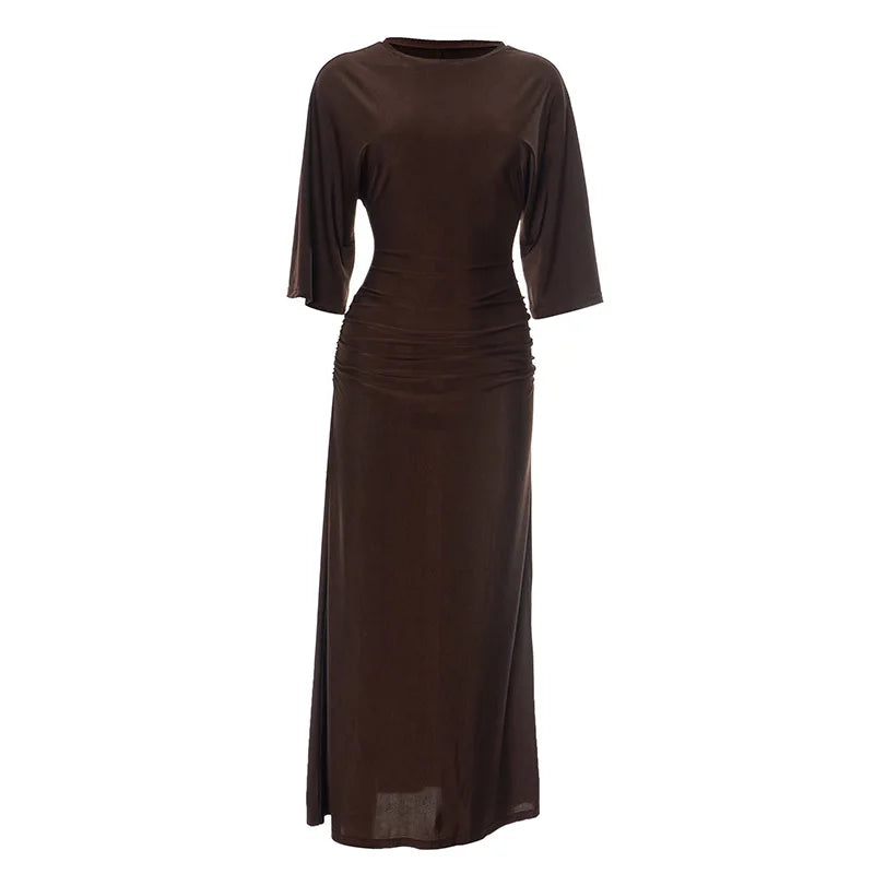 Sleek Round Neck Pleated Split Evening Dress