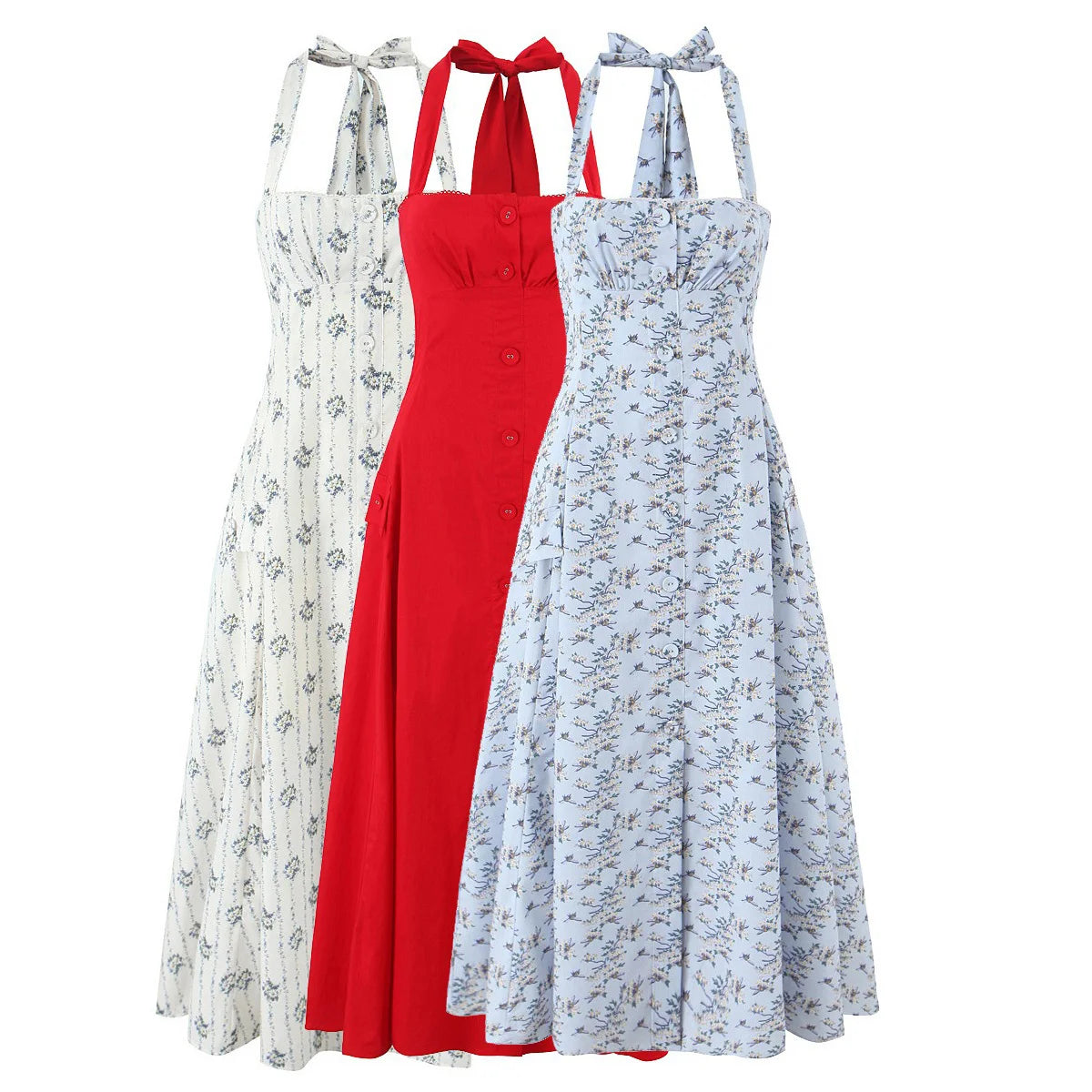 Halter Neck Backless A-Line Mid-Calf Dress
