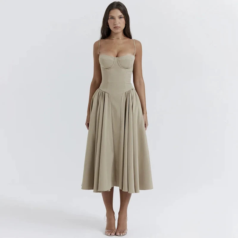 Spaghetti Strap Pleated Corset Midi Dress with Pockets