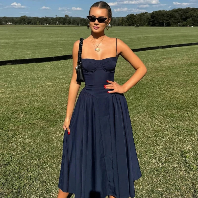 Spaghetti Strap Pleated Corset Midi Dress with Pockets