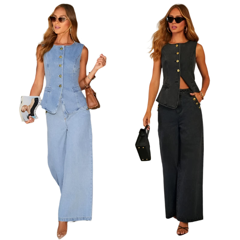 Denim Two-Piece Vest & Wide-Leg Pants